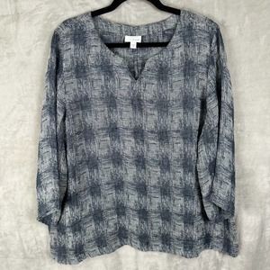 J Jill PureJill Top Womens Extra Large Navy Linen 3/4 Sleeve Tunic Beach Causal